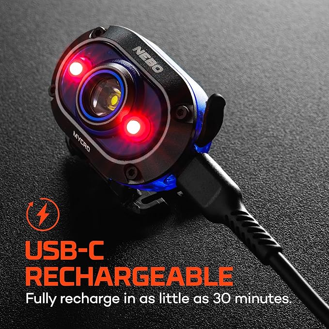 NEBO MYCRO 450 Rechargeable Headlamp | 450 Lumens, 6 Light Modes, Water Resistant, Detachable Hat Clip, Super Bright Head Lamp for Camping & Hiking, Includes USB Charging Cable — Blue