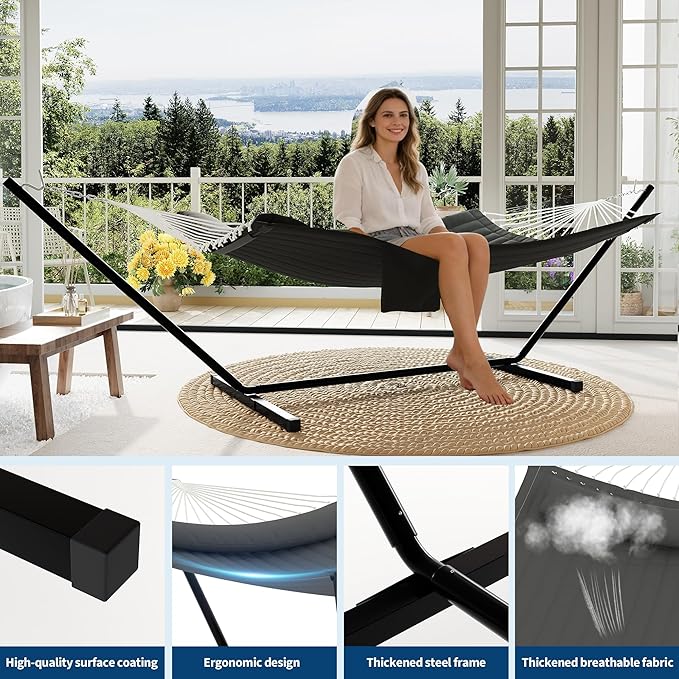Garvee﻿ 2 Person Hammock with Stand for Outside, Double Hammock with Stand and Pillow, Max 450 Lbs Capacity with Balance Rope, Large Hammock for Outdoor Patio Backyard Poolside
