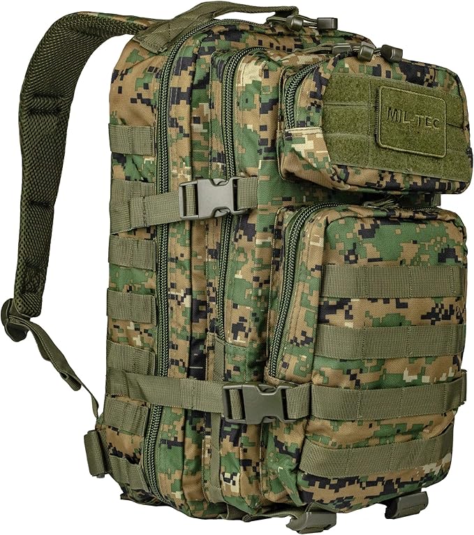Mil-Tec Unisex Assault Pack - Rugged Durable Lightweight Ergonomic Versatile Tactical Outdoor Camping Hiking Backpack with Adjustable Padded Shoulder Straps & MOLLE Loops, Digital Woodland Camo, 20L