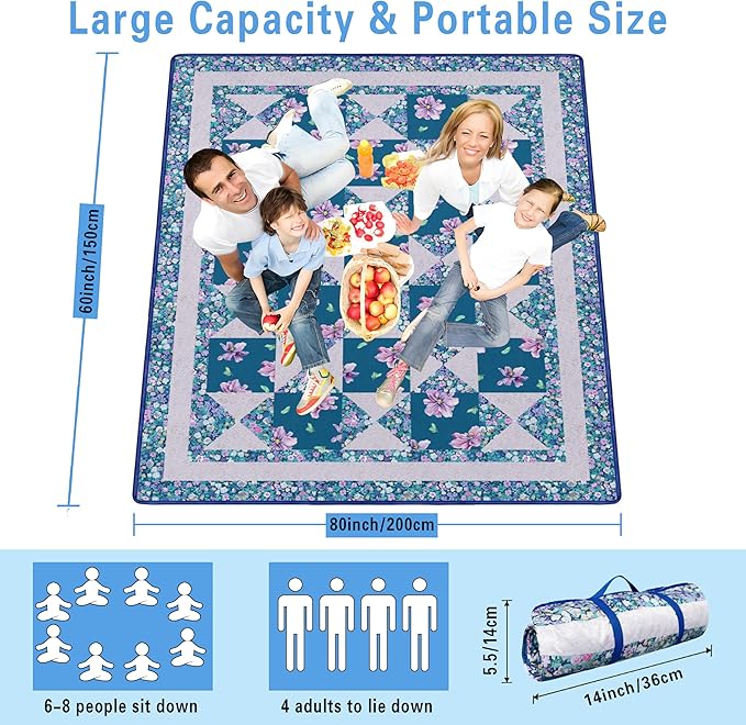 Supfitness Extra Large Picnic Blankets Waterproof Foldable (60"x 80") Beach Blanket Waterproof Sandproof,3-Layer Thicking Mat Outdoor Packable Camping Blanket