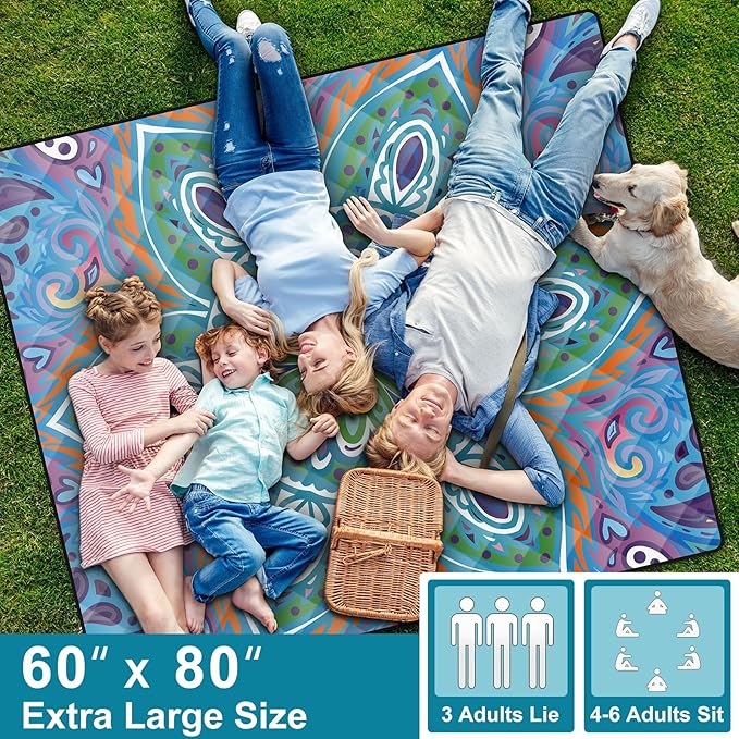 60x80" Large Boho Picnic Blankets Outdoor Water proof Sand proof Beach Blanket Packable Patio Grass Park Camping Mats Camper Hiking Must Haves Gifts Car Road Trip Gear Outside Rv Travel Stuff