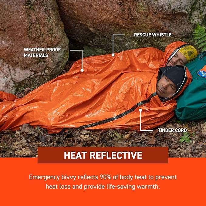 S.O.L. Survive Outdoors Longer SOL Emergency Bivvy XL w/Rescue Whistle - Reflects up to 90% Body Heat - Waterproof Emergency Blanket for Survival Gear - 84" x 60" - 5.8 oz - Orange