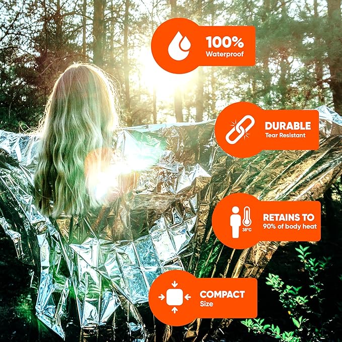 Survival Blankets - Waterproof & Windproof Emergency Cover, Reflective Exterior - Helps Retain Body Heat - 12 Microns, Compact & Lightweight - 5-Pack, 4 Silver, 1 Gold - 52x82”, 2oz