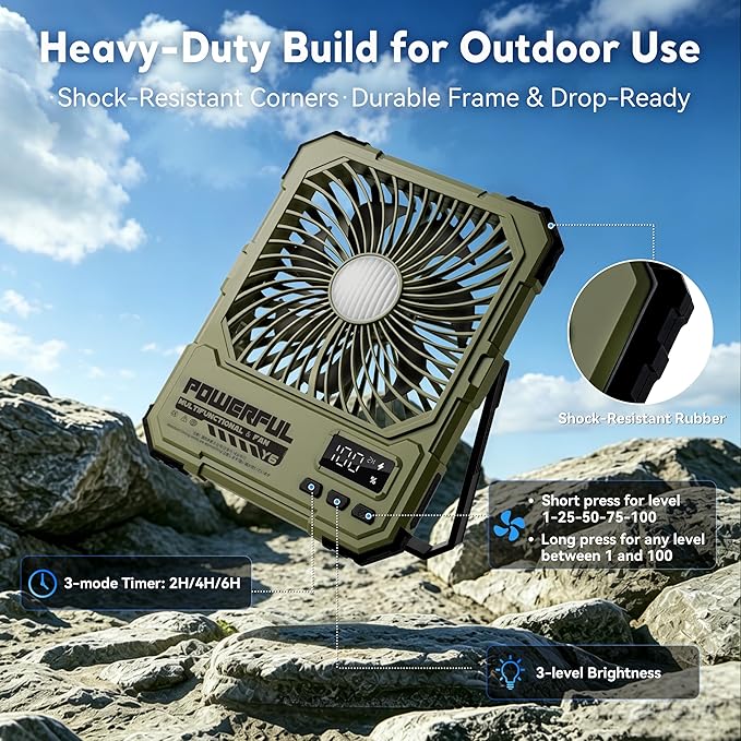 Portable Fan, Camping Fan, 20000mAh 6-Inch 18-85H Rechargeable Ultra Thin Foldable with Built-in Power Bank, LED Light, Remote Control, Hook for Outdoor Camping Tent RV Travel (Black)