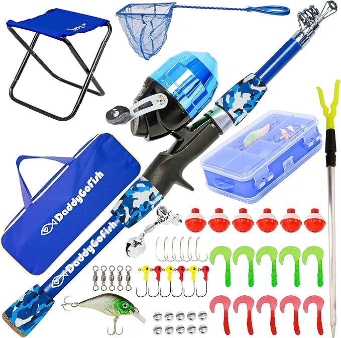 DaddyGoFish Kids Fishing Pole - Rod Reel Combo Tackle Box Starter Set - First Year Small Dock Gear Kit for Boys Girls Toddler Youth Age Beginner Little Children Junior Anglers