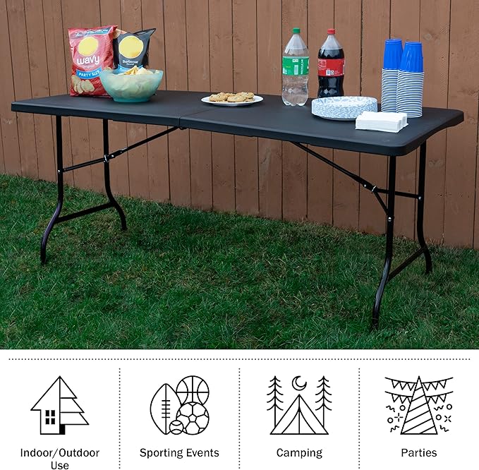 Lavish Home Portable Folding Tables - Lightweight Portable Folding Desk - 6-Foot-Long Plastic Table for Camping, Playing Cards, Parties, and Dining (Single/Black)