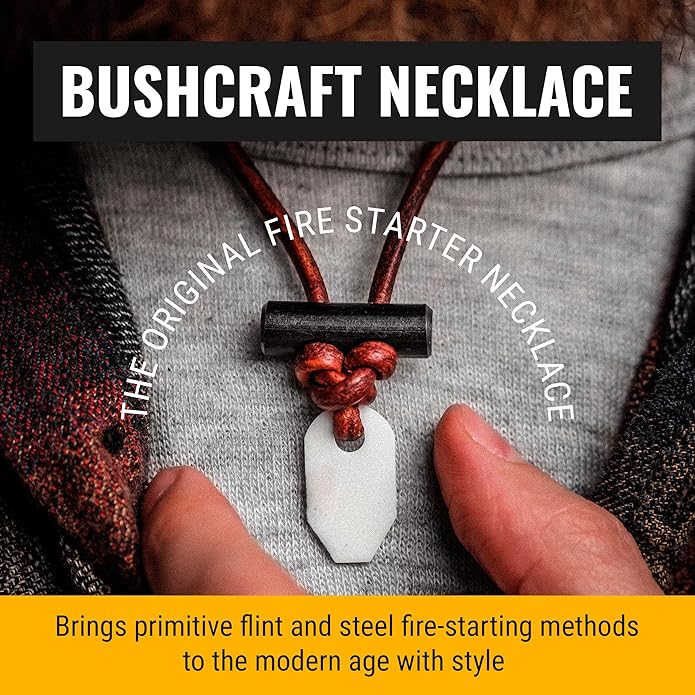 The Bushcraft - Original Fire Starter Necklace for Men, Handcrafted In USA, Weatherproof Fire Starting Necklace with Adjustable Leather Knot Design, Ideal for Traveling, Everyday Carry & Adventures