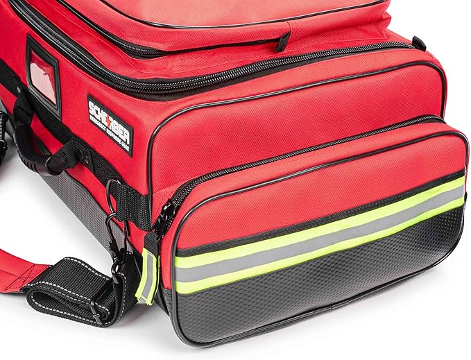 Scherber First Responder O2 Bag | Ultimate Professional EMT/EMS Trauma Oxygen Kit | Durable Reflective 600D Water Repellant Bag w/10+ Compartments, Zippered Pockets, Dividers & Padded Strap | XL - Red