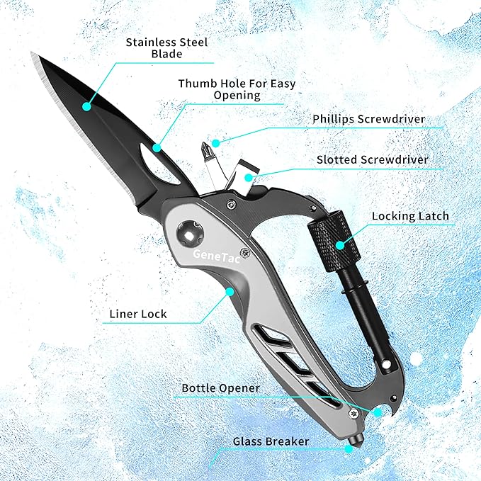 Multi-tool Carabiner with Pocket Knife, Bottle Opener, Window Breaker, Screwdrivers, EDC Tactical Survival Gear for Camping (Grey)