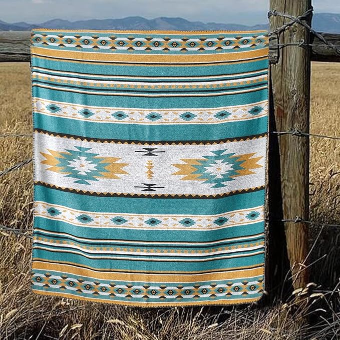 Aztec Patterned Throw Blanket with Soft Sherpa Lining, Traditional Southwestern Navajo Tribal Style Warm Throw for Camping, Outdoor, Light Weight Cozy Boho Blanket for Couch, Sofa, Bed, 60”x80”, Teal