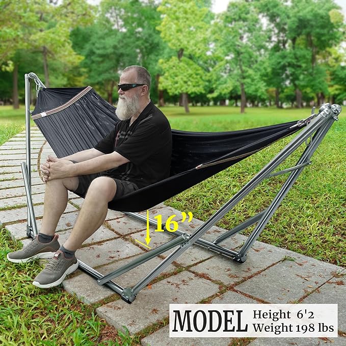 Tranquillo Adjustable Hammock Stand, Collapsible Camping Hammock and Stand, 650 lbs Capacity Deluxe Double Hammock Stand for 2 Persons, Portable Everywhere Easy Assembly Non-Slip and Noise-Free, Black