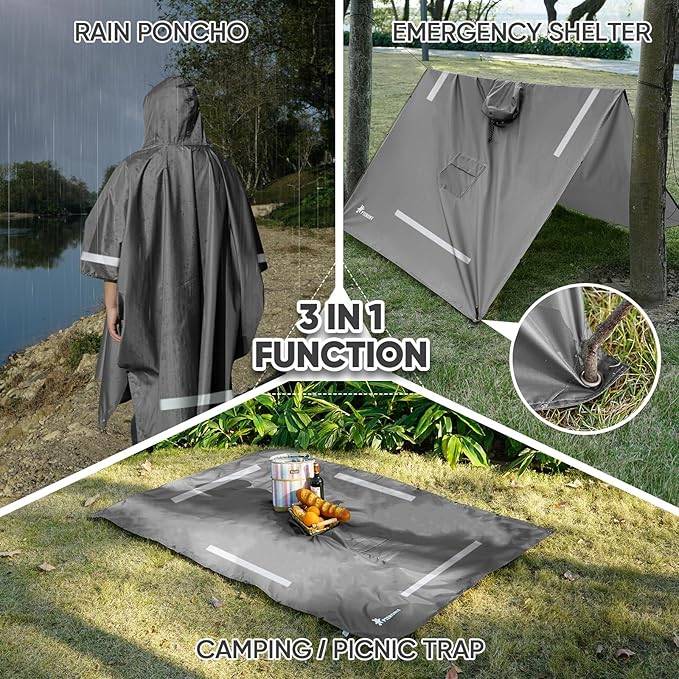 PTEROMY 3-in-1 Hooded Rain Poncho for Adult with Pocket, Waterproof Lightweight Unisex Raincoat for Hiking Camping Emergency