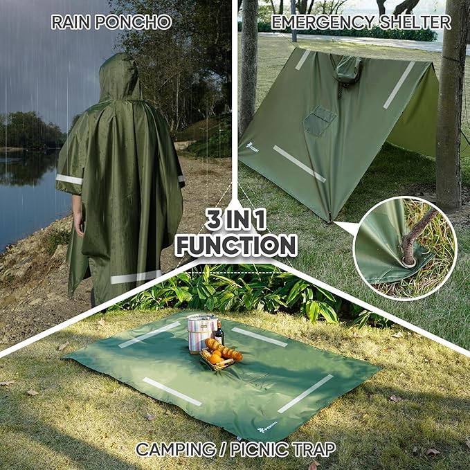 PTEROMY 3-in-1 Hooded Rain Poncho for Adult with Pocket, Waterproof Lightweight Unisex Raincoat for Hiking Camping Emergency