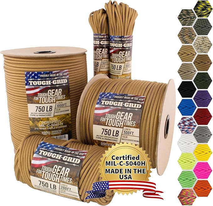TOUGH-GRID 750 Paracord Military Grade Nylon Rope - Type IV Mil-Spec Made in USA - Tactical Survival Cord