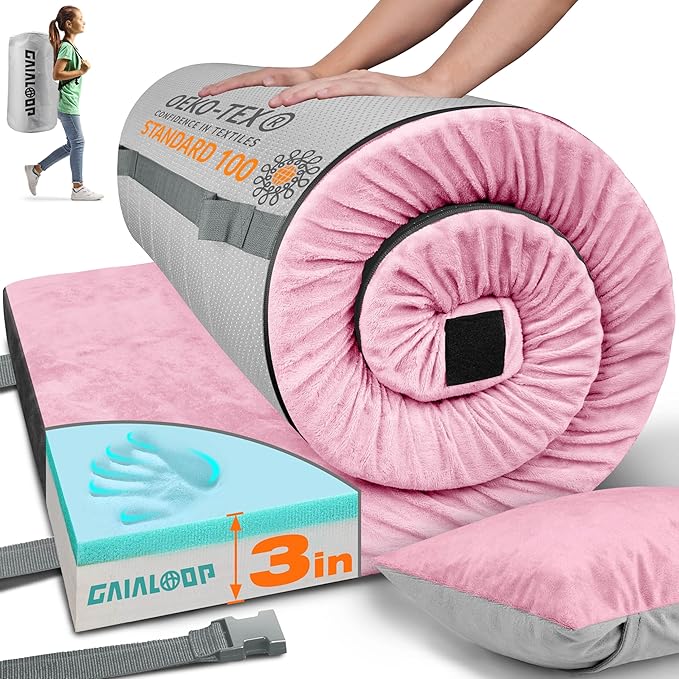 GAIALOOP 3 Inch Memory Foam Camping Mattress, Dual Layer Thick Sleeping Camp Pad for Car Tent Cot, Roll-Up Portable Glamping Floor Bed for Guests Sleepover