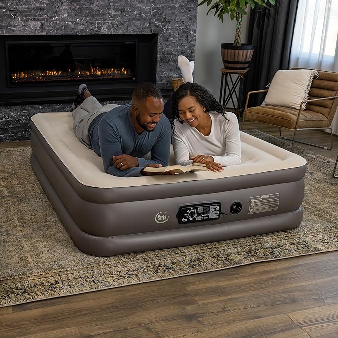 Serta Raised Air Mattress with Never Flat Pump | Luxury Inflatable Mattress with Built in Air Pump to Ensure a Good Night’s Rest | Heavy Duty Blow Up Mattress with Self Inflating Pump