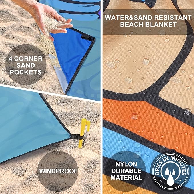 HIHOHO Beach Blanket Waterproof Sandproof Beach Mat 79”x 83” for 1-8 Adults Quick Drying Durable Outdoor Picnic Mat for Beach Festival Travel Camping Hiking (Mandarin Seaturtle, 79"×83"(4 Person))