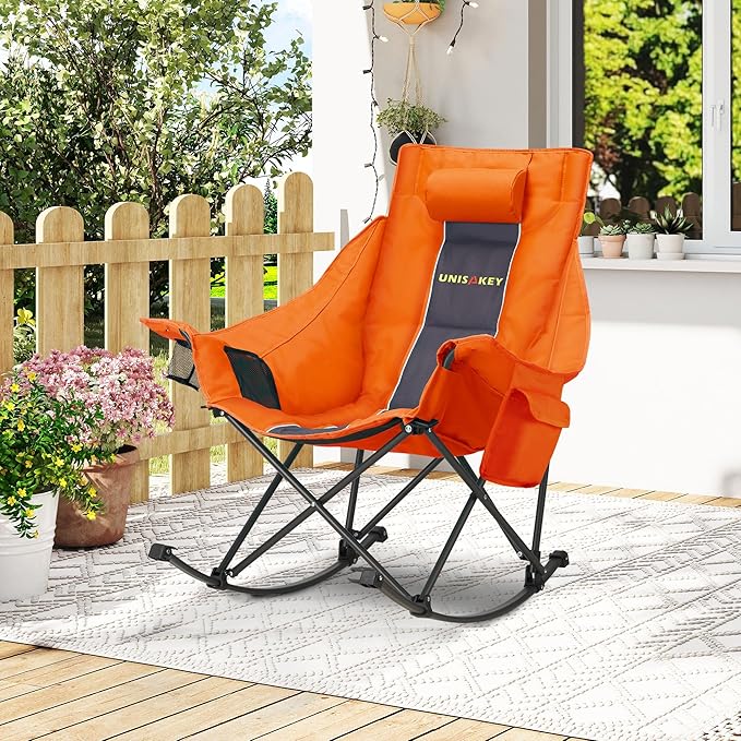 Unisakey Oversized Rocking Camping Chair with Headrest & Cup Holder - 400lbs Capacity, 600D Oxford Fabric, Easy Fold Portable Outdoor Rocker Chair for Camping, Backyard, Beach, Orange