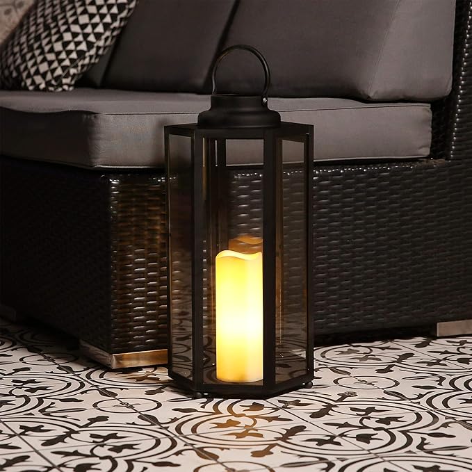 Alpine Corporation 18" Tall Outdoor Hexagonal Battery-Operated Metal Lantern with LED Lights, Black