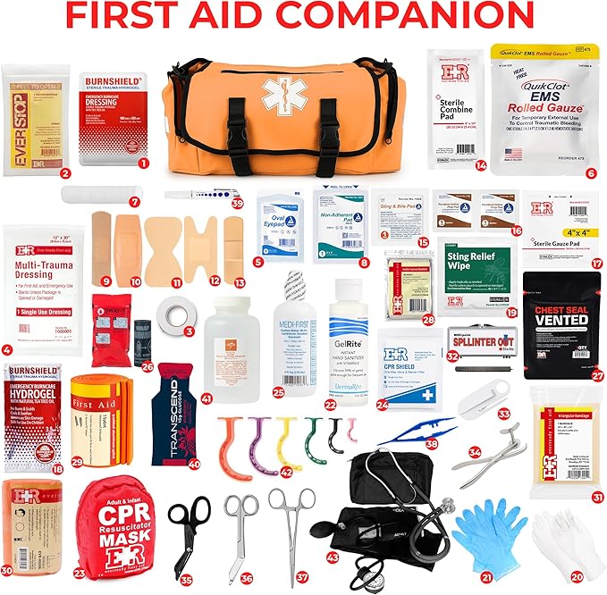 Fully Stocked EMT Trauma Bag – Tactical First Responder Medical Kit with Tourniquet, Chest Seals, Bleeding Control, Gauze, Shears & Bandages – Orange