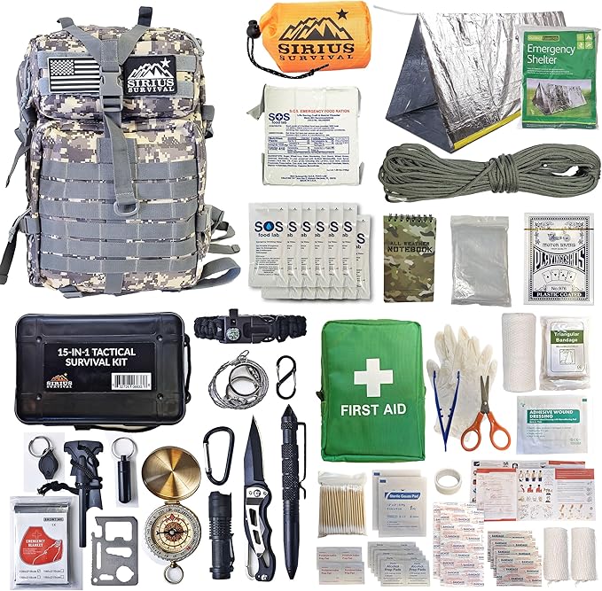 Sirius: Bug Out Bag Starter Kit - 72 Hour Kit for 1 Person – Backpack Survival Kit – 50L Tactical Backpack, US Made Food & Water, Medical Supplies & Survival Tools