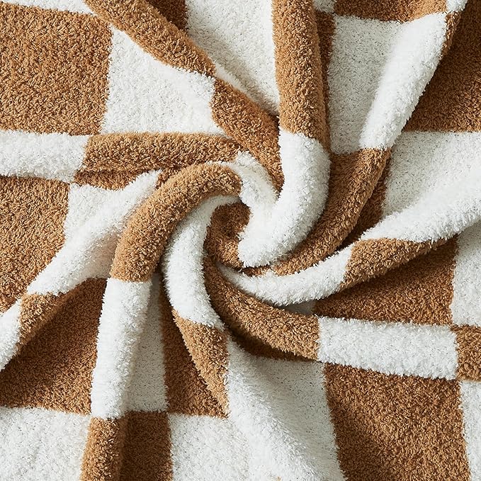 WRENSONGE Fall Checkered Throw Blanket, Burnt Orange Soft Cozy Fluffy Warm Hand Made Throw Blankets for Couch, Sofa, Chair, Bed, Camping, Picnic, Travel Lightweight Bed Blanket - 50"*60"