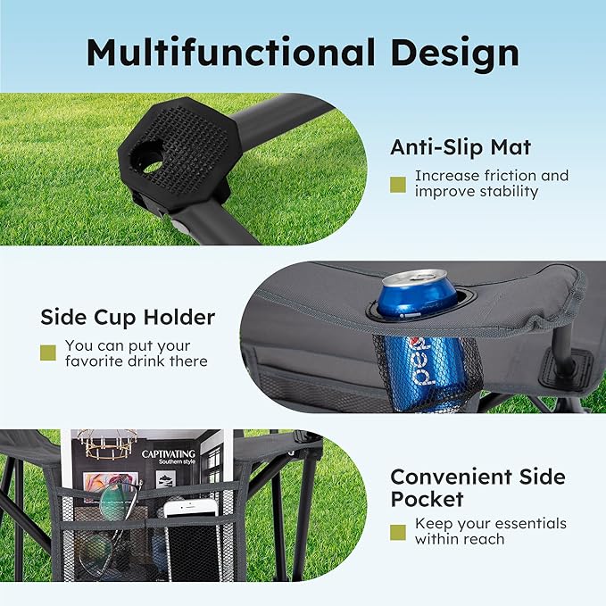 ALPHA CAMP Camping Chairs 350LBS Capacity, Heavy Duty Folding Chair with 4-Can Cooler Bag, Portable Outdoor Chair with Cup Holder for Adults, Collapsible for Tailgating, Beach, Fishing,Black,2PC