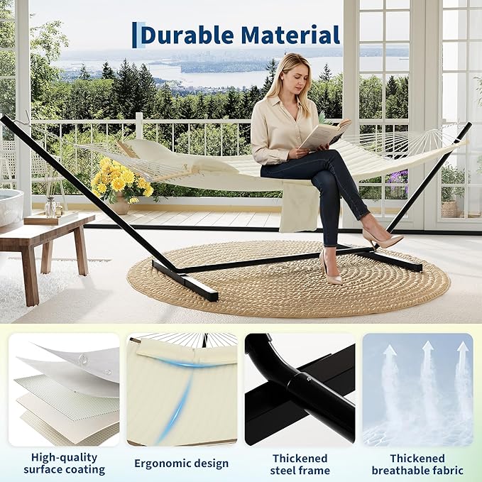 2 Person Double Hammock with Adjustable Steel Stand & Pillow, Heavy Duty Portable Outdoor Hammock Set, MAX 450 LBS Weight Capacity for Patio, Garden, Beach, Backyard