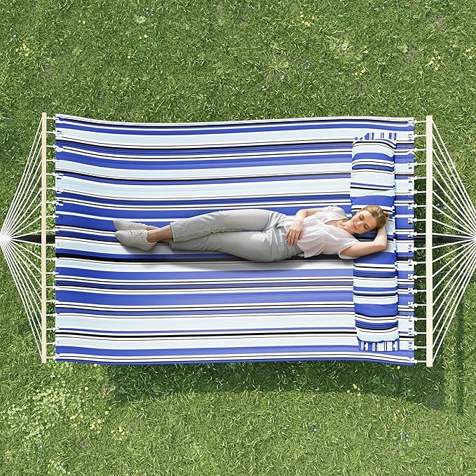 Double Hammock with Stand for 2 Person, Outdoor Freestanding Hammock Bed with 475lb Capacity - Heavy Duty Steel Frame, Quilted Pillow & Portable Carry Bag, Easy Assembly, Blue