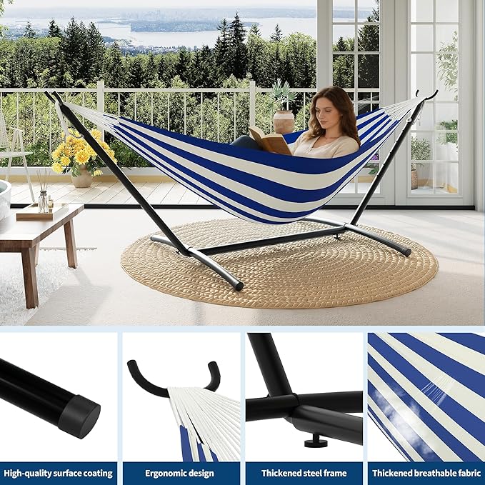 Garvee 2 Person Hammocks with Stand for Outside, Double Hammocks Portable Space Saving Heavy-Duty Steel Stand for Indoor Outdoor Patio with Carrying Bag, 450 lbs Capacity