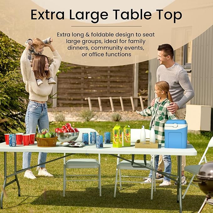 Our Modern Space 8 Feet Foldable Table with Built in Handle & Steel Legs | Heavy Duty Portable | Perfect for Party, Dining, Wedding, Events, Picnic Indoor, Outdoor, Camping, Utility, Temporary
