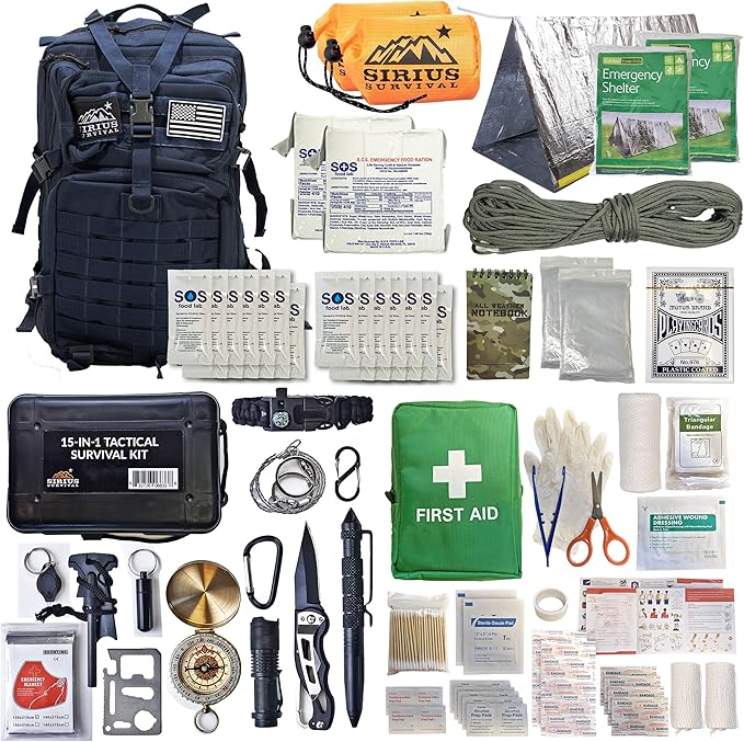 Sirius: Bug Out Bag Starter Kit - 72 Hour Kit for 1 Person – Backpack Survival Kit – 50L Tactical Backpack, US Made Food & Water, Medical Supplies & Survival Tools