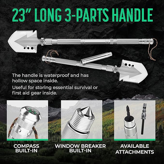 Survival Shovel and Camping Axe – Stainless Steel Tactical Survival Multi-Tool and Survival Hatchet Equipment for Outdoor Hiking Camping Gear, Hunting, Backpacking Emergency Kit(Silver)