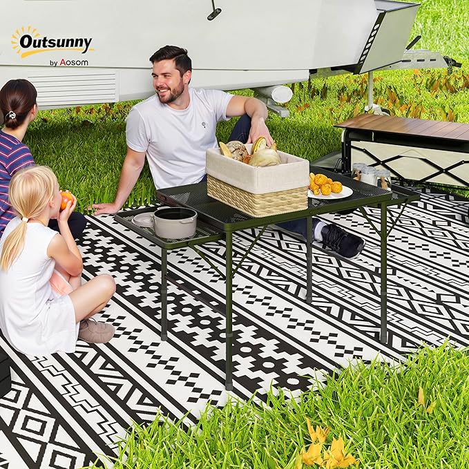 Outsunny Folding Grill Table, 4.5 ft Portable Camping Table with 2 Wing Panels, Height Adjustable Metal Outdoor Table with Mesh Desktop for Picnic, Beach, BBQ, Party, Black