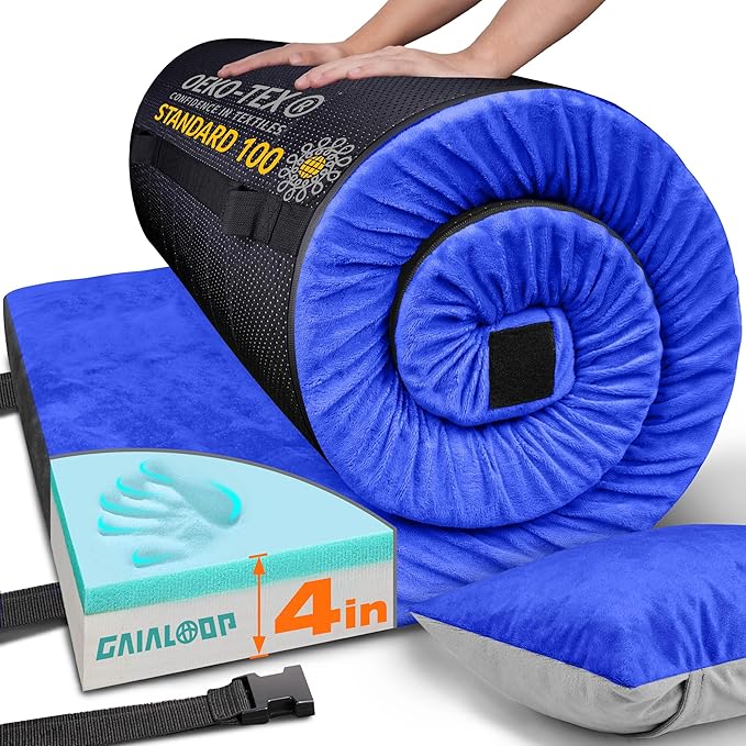 Extra Thick GAIALOOP 4 INCH Memory Foam Camping Mattress, Roll Up Floor Sleeping Mat Camp Cot Mattress Pad Travel Camping Couch Bed for Guest Adults Side Sleepers