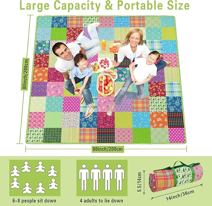 Supfitness Extra Large Picnic Blankets Waterproof Foldable (80"x 80") Boho Beach Blanket Waterproof Sandproof,3-Layer Thicking Mat Outdoor Packable Camping Blanket