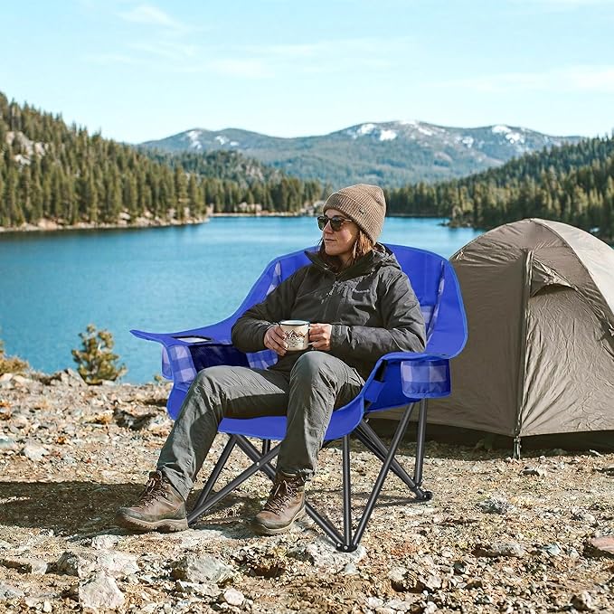 Youtanic Padded Camping Chairs for Adults, Heavy Duty 400 lbs Foldable Lawn Chair, Oversized Ergonomic Outdoor Seat with Plaid Design, Cup Holders & Storage Pockets for Fishing, Sports, Blue