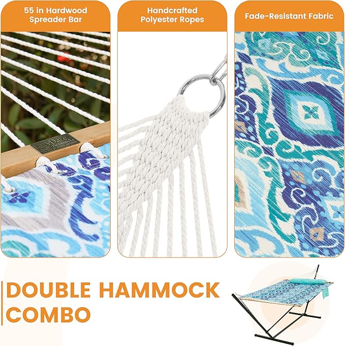 Lazy Daze Hammocks 2 Person Hammock with 12FT Stand for Outside, Quilted Double Hammock with Detachable Pillow, Balance Strap & Carrying Bag Included, 450lbs Capacity, Tool-Free Assembly, Floral Auqa
