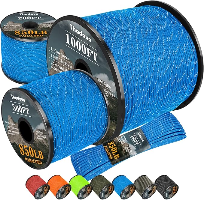 Reflective Paracord Rope 850Ib, 50/100/200/500/1000ft 4MM 11 Strand Strong Parachute Cord, Heavy Duty Paracord Rope for Tent Camping, Fishing, Hiking, DIY Crafts Bracelet, Blue 500FT