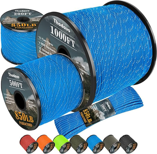 Reflective Paracord Rope 850Ib, 50/100/200/500/1000ft 4MM 11 Strand para Cords Lanyard Utility Parachute Cord for Tent Camping Hiking Survival Tactical Clothesline DIY Projects (Blue, 100FT)