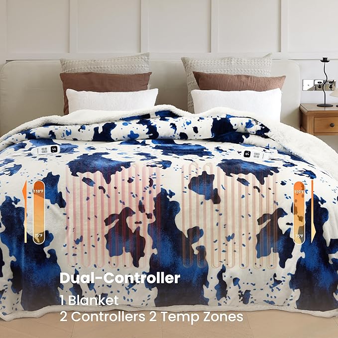 Heated Blanket Queen Blanket - Fast Heating Electric Blanket, Soft Flannel Heated Queen with 4 Time Settings,10 Heating Settings, Warm Gifts for Women & Mom & Grandma(84"x90"Cow Print Blue)