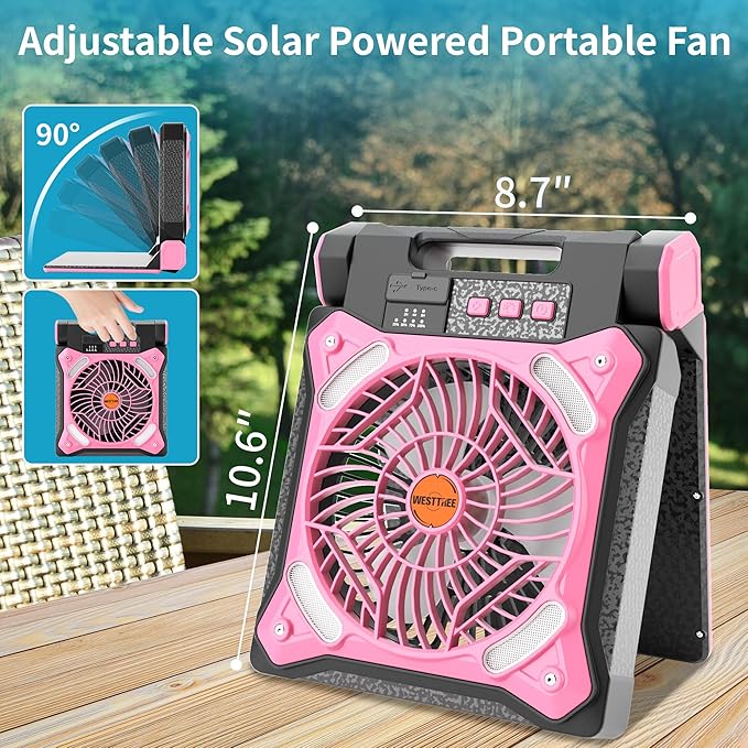 WESTTREE Solar Fan Battery Powered Rechargeable Solar Camping Fan with Led Lantern & Power Bank Foldable Angle USB Personal Fans for Travel Outdoor Camping Tents X98 Pink