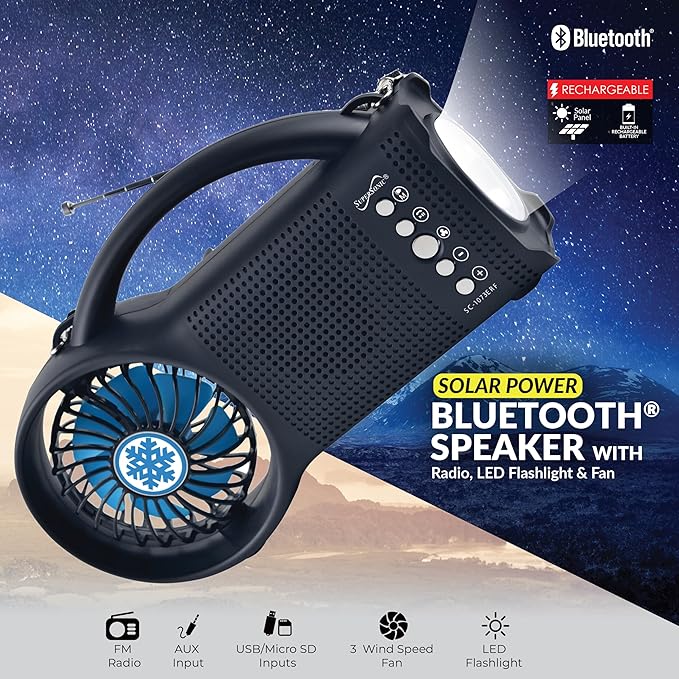 Supersonic SC-1073ERF Solar Power Bluetooth Speaker with FM Radio, LED Torch Light and Fan USB/SD Input, FM Radio, 3 Wind Speed, for Picnic, Barbecue, Camping, Hurricane Emergency