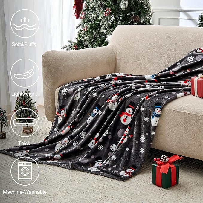 Edenleaf Grey Christmas Throw Blanket - Soft Warm Cozy Fleece Winter Throw, Holiday Blanket with Snowman & Snowflake Design, 60x80 Inches,Grey