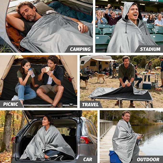 Fleece Waterproof Outdoor Blanket - Windproof Stadium Blanket for Camping, Picnics, and Sports Stay Dry and Comfortable 80"x 58"(Hoodeed, Gray)