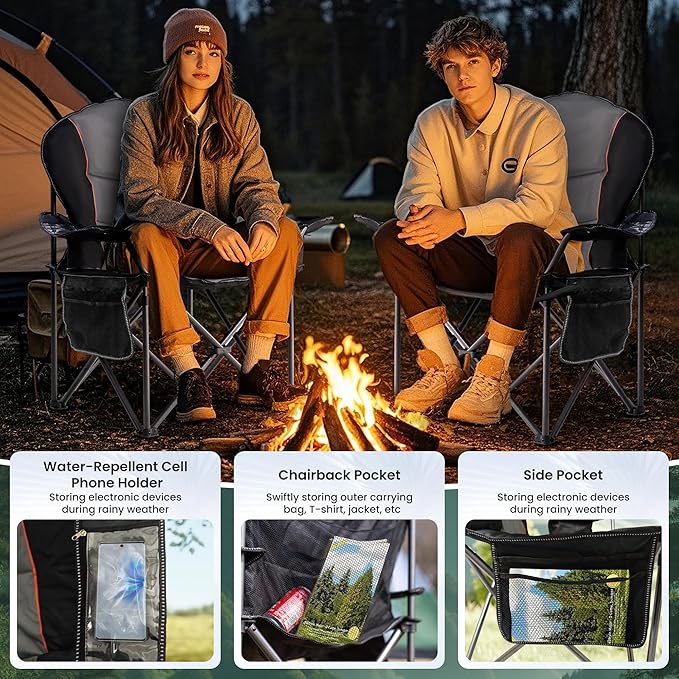 Oversized Camping Chair Heavy Duty- Portable Folding Chair, Cup Holder & Waterproof Phone Case for Adults, Beach, Hiking, Backyard (Black & Gray, 2 PCS)