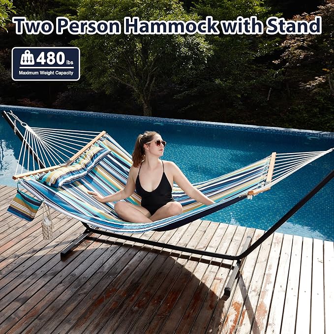 Homgava Two Person Hammock with Stand for Outside Heavy Duty, Outdoor Patio Hammock with Portable Steel Stand, Large Double Hammocks,480lbs Capacity.(Middle Blue Stripes)