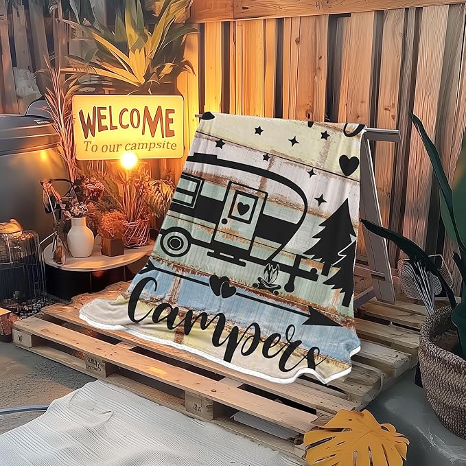 Camper Throw Blankets, Soft Warm Flannel Throws Cover for Couch, Chair, Sofa, Bed, Outdoor, Inside, Beach, Travel Decor
