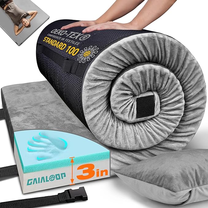 GAIALOOP 3 Inch Memory Foam Camping Mattress, Dual Layer Thick Sleeping Camp Pad for Car Tent Cot, Roll-Up Portable Glamping Floor Bed for Guests Sleepover