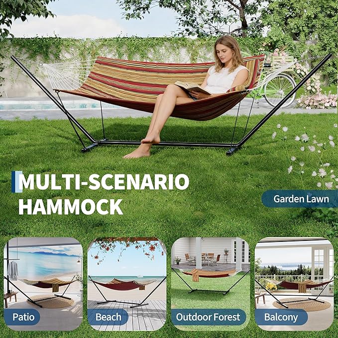 2 Person Double Hammock with Stand & Pillow, 450 LBS Heavy Duty Outdoor Hammock with Balance Rope for Patio Backyard Poolside